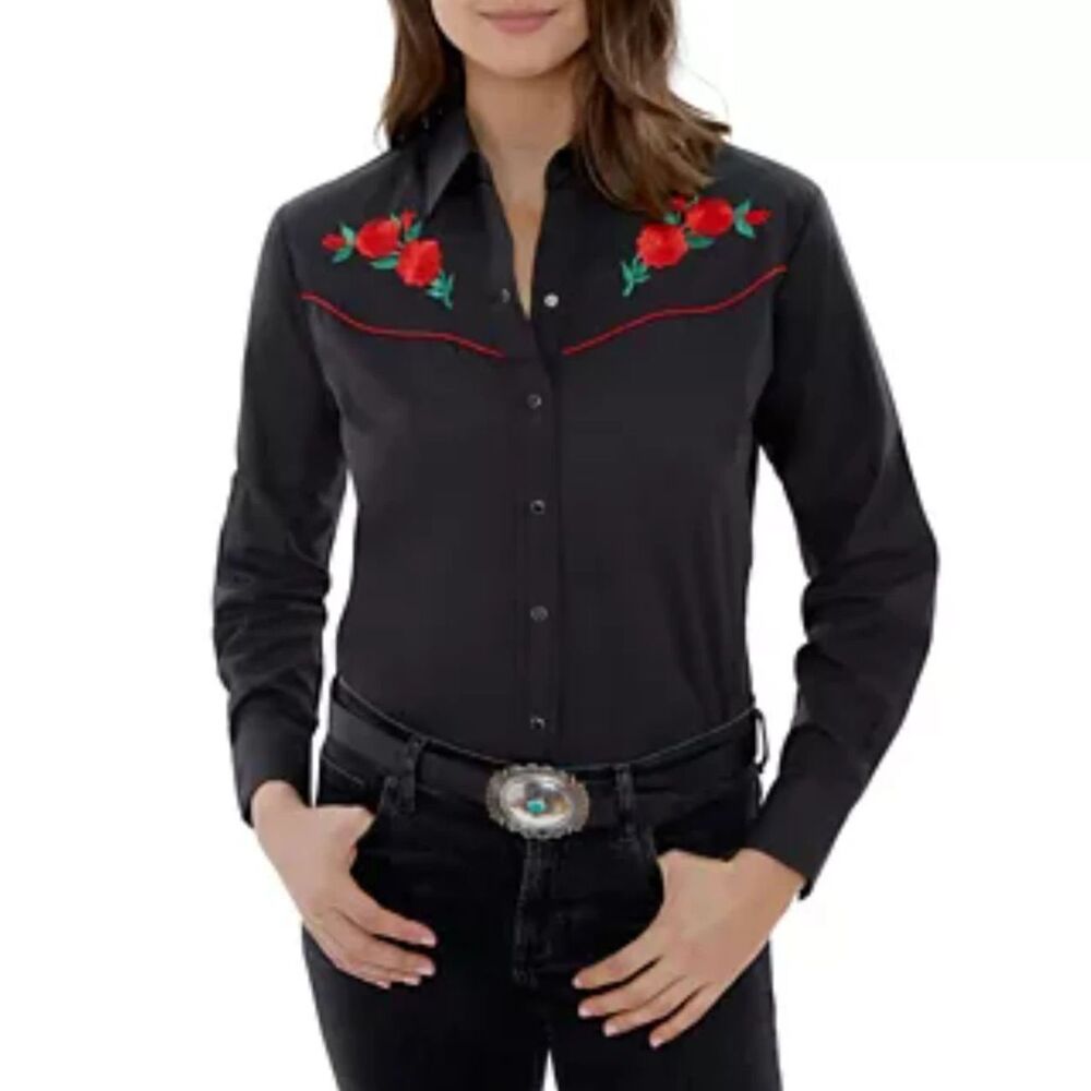 Country Charmers Black Western Style Embroidered Button Down Shirt Sz M